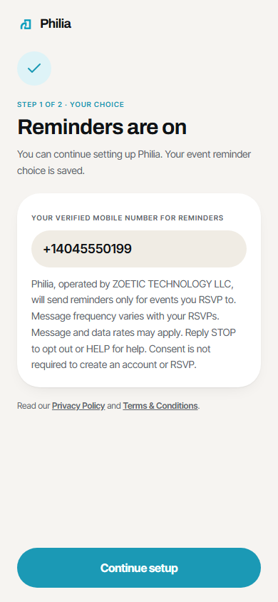 Philia confirmation screen saying Reminders are on after explicit event reminder consent is saved