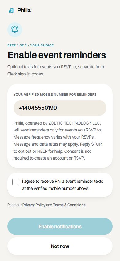 Philia event reminder opt-in screen with an unchecked consent checkbox, message disclosures, and Privacy Policy and Terms links