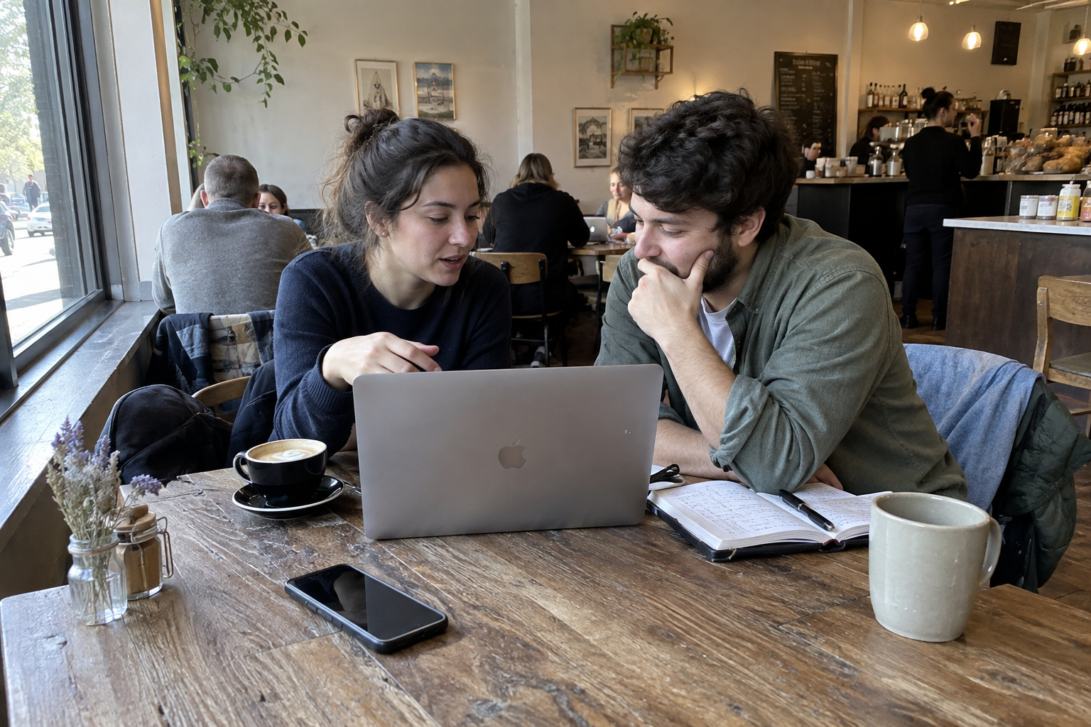 Friends working together at a cafe table
