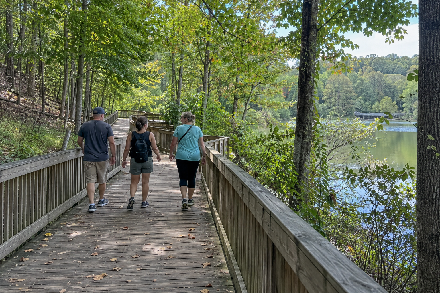 Friends walking together on a wooded boardwalk